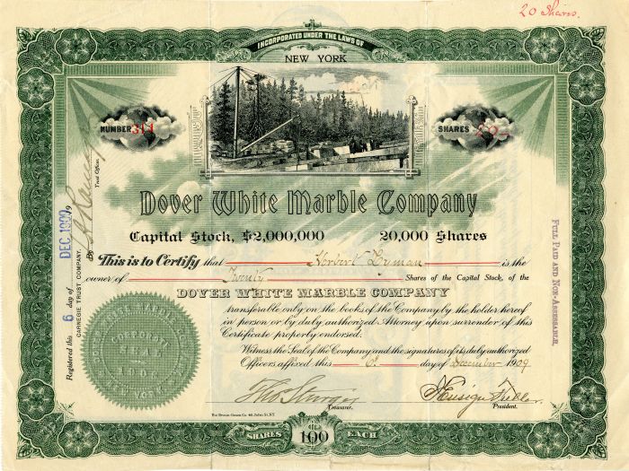 Dover White Marble Co. - Stock Certificate