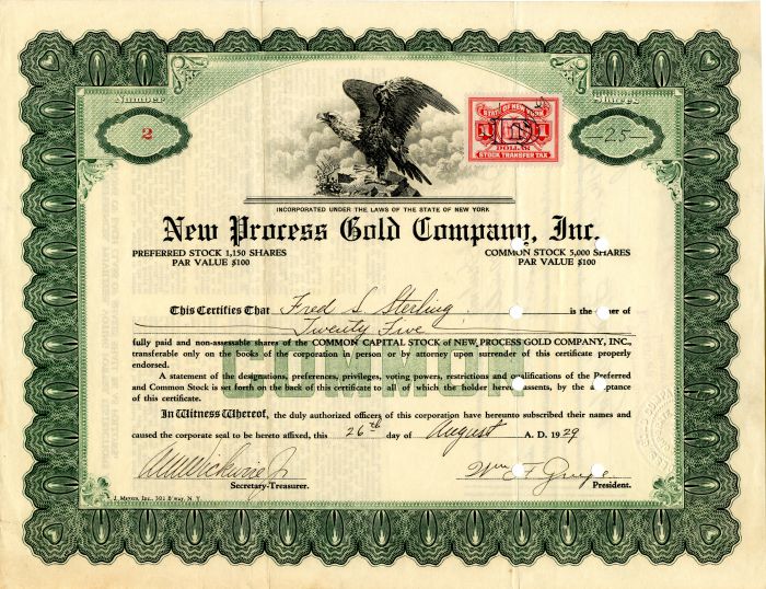 New Process Gold Co., Inc. - Stock Certificate