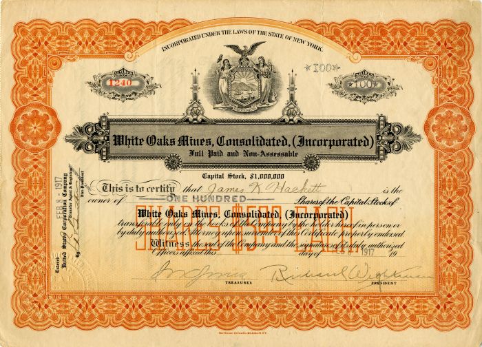 White Oaks Mines, Consolidated, (Incorporated) - Stock Certificate