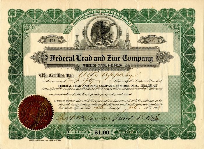 Federal Lead and Zinc Co. - Stock Certificate
