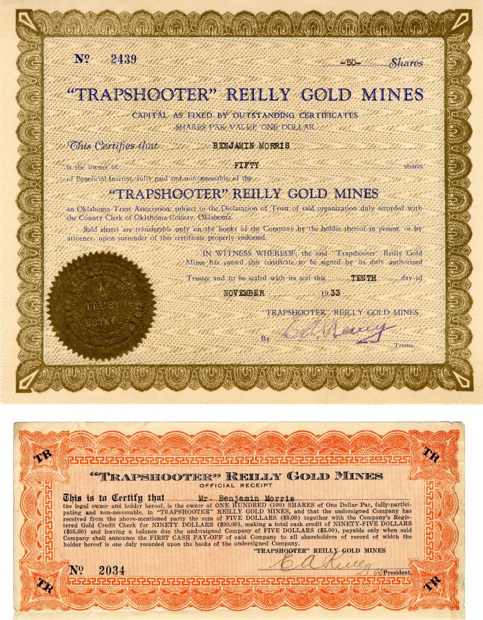 "Trapshooter" Reilly Gold Mines - Stock Certificate