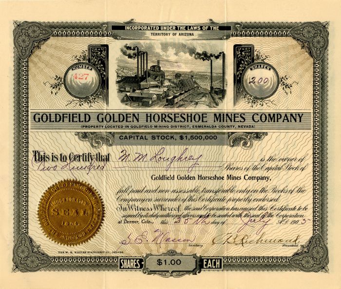 Goldfield Golden Horseshoe Mines Co. - Stock Certificate