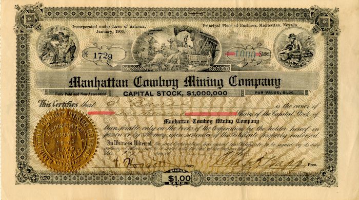 Manhattan Cowboy Mining Co. - Stock Certificate