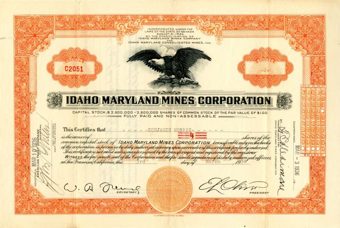 Idaho Maryland Mines Corporation - Stock Certificate