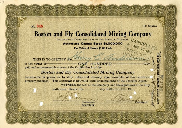 Boston and Ely Consolidated Mining Co. - Stock Certificate