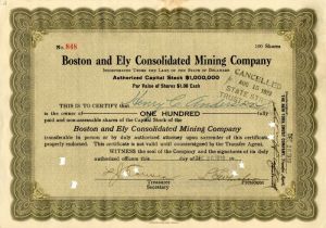 Boston and Ely Consolidated Mining Co. - Stock Certificate