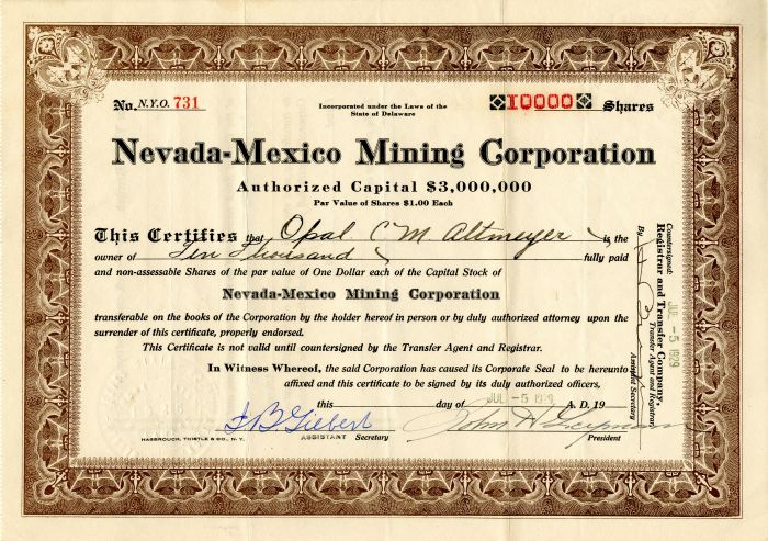 Nevada-Mexico Mining Corporation - Stock Certificate