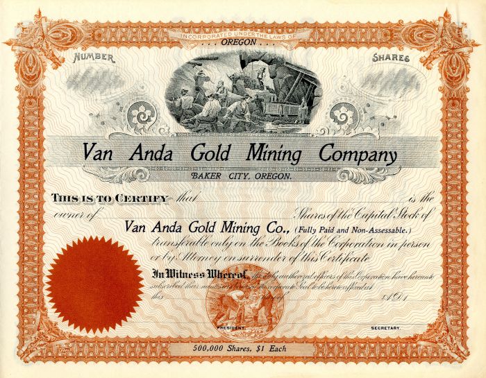 Van Anda Gold Mining Co. - Stock Certificate