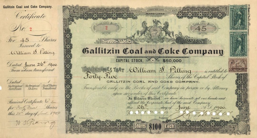 Gallitzin Coal and Coke Co. - 1900 dated Pennsylvania Coal Mining Stock Certificate