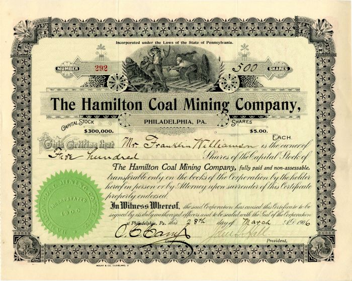 Hamilton Coal Mining Co. - Stock Certificate