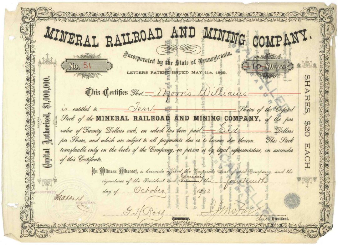 Mineral Railroad and Mining Co. - Pennsylvania Railway & Mining Stock Certificate