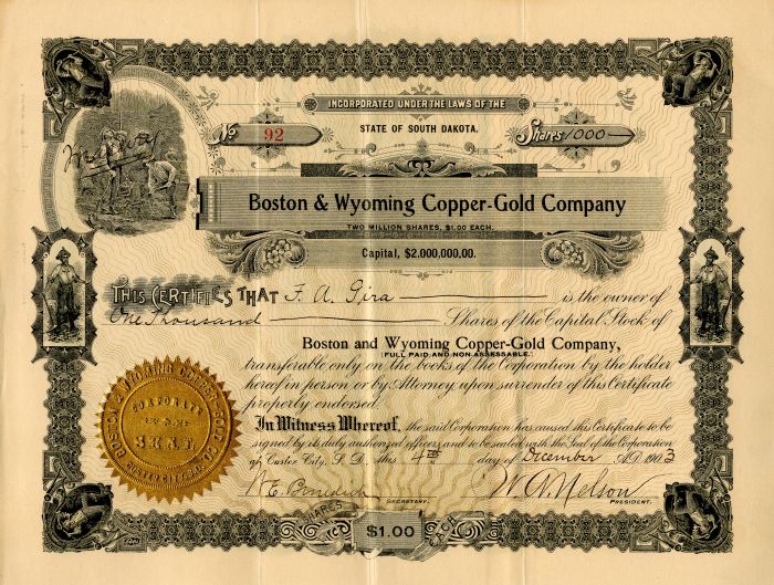 Boston and Wyoming Copper-Gold Co. - Custer City, South Dakota Mining Stock Certificate