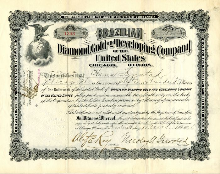 Brazilian Diamond, Gold and Developing Co. of the United States - Stock Certificate