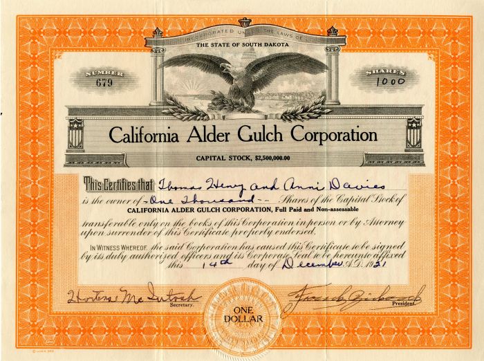 California Alder Gulch Corporation - Stock Certificate
