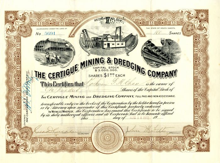 Certigue Mining and Dredging Co. - Stock Certificate