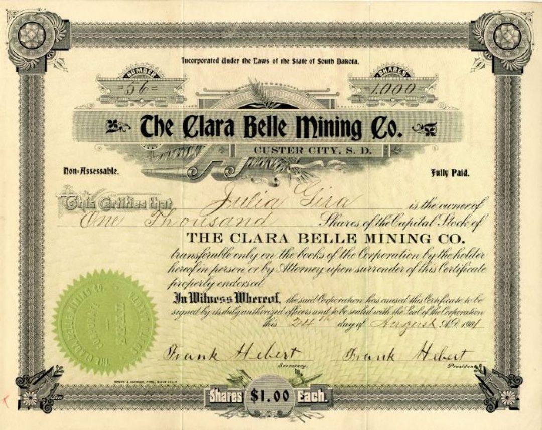 Clara Belle Mining Co. - Custer City, South Dakota 1901 Stock Certificate