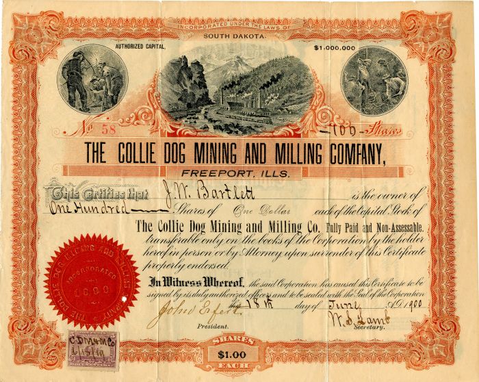 Collie Dog Mining and Milling Co., Freeport, Ills. - Stock Certificate