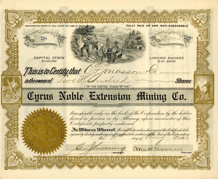 Cyrus Noble Extension Mining Co. - Stock Certificate