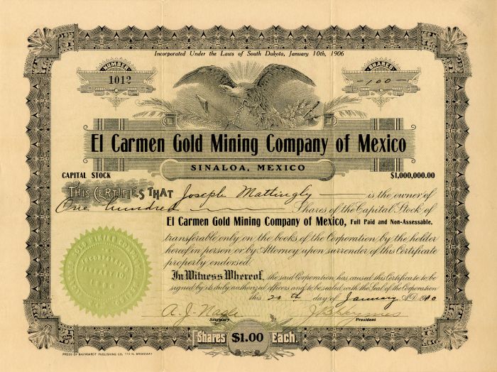 El Carmen Gold Mining Co. of Mexico - Stock Certificate