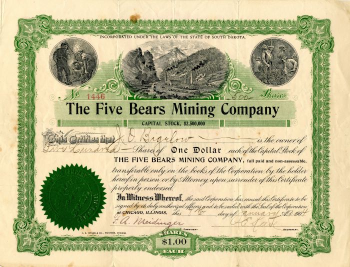 Five Bears Mining Co. - Stock Certificate
