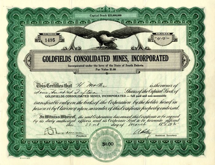 Goldfields Consolidated Mines, Incorporated - Stock Certificate