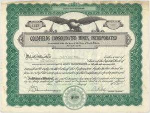 Goldfields Consolidated Mines, Inc. - 1935 dated South Dakota Mining Stock Certificate - Rough Condition