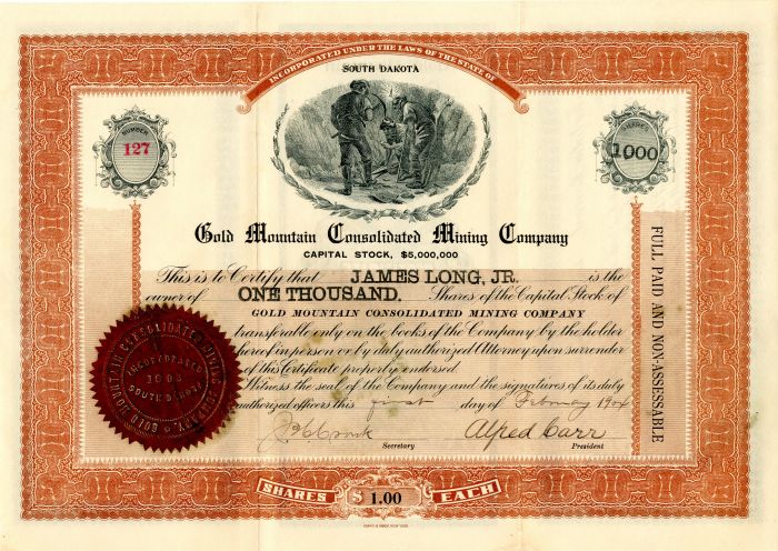 Gold Mountain Consolidated Mining Co. - Stock Certificate