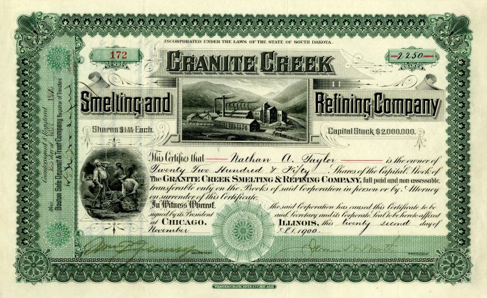 Granite Creek Smelting and Refining Co. - Stock Certificate