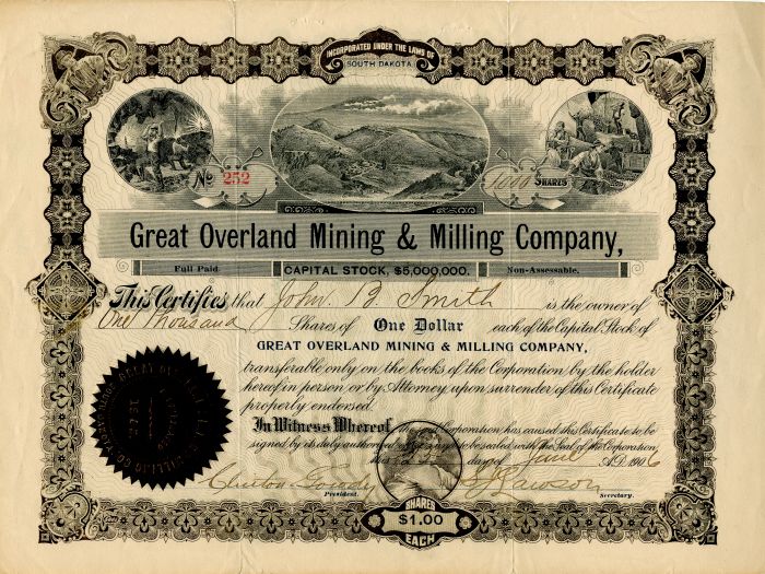 Great Overland Mining and Milling Co. - Stock Certificate