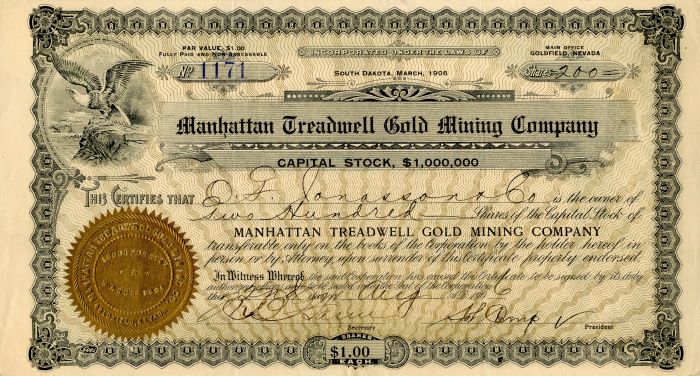 Manhattan Treadwell Gold Mining Co. - Stock Certificate