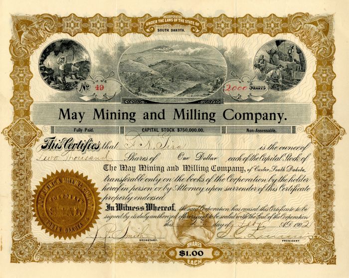 May Mining and Milling Co. - Stock Certificate