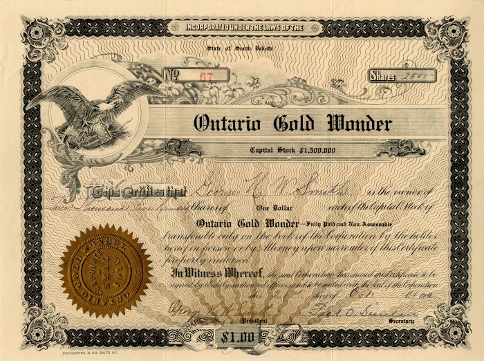 Ontario Gold Wonder - Stock Certificate