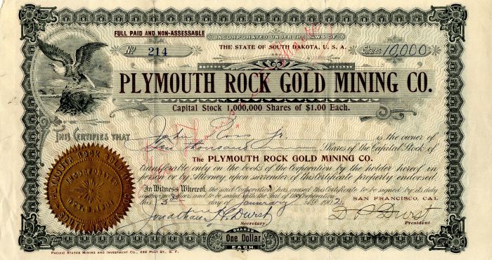 Plymouth Rock Gold Mining Co. - Stock Certificate