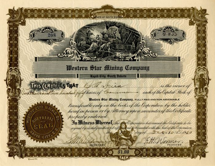 Western Star Mining Co. - Stock Certificate