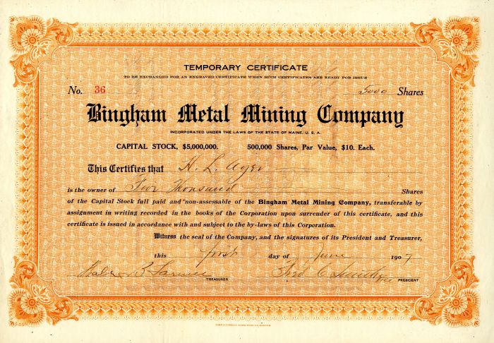 Bingham Metal Mining Co. - Stock Certificate