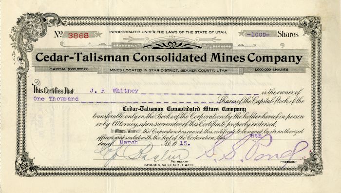 Cedar=Talisman Consolidated Mines Co. - Stock Certificate