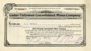 Cedar=Talisman Consolidated Mines Co. - Stock Certificate