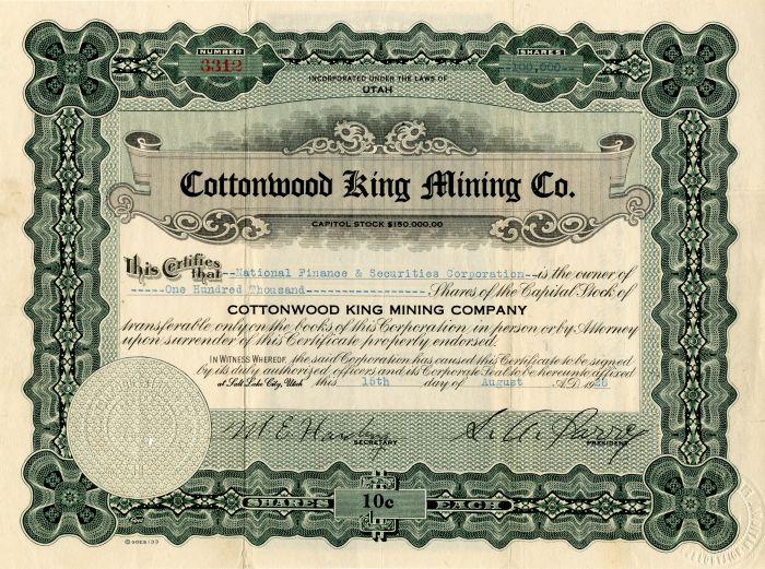Cottonwood King Mining Co. - Stock Certificate