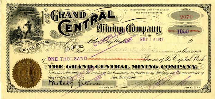 Grand Central Mining Co. - Stock Certificate