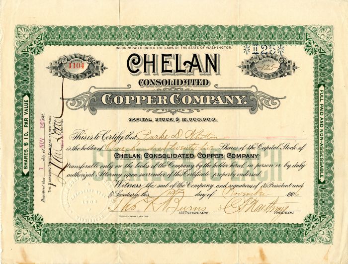 Chelan Consolidated Copper Co. - Stock Certificate