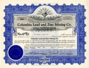 Columbia Lead and Zinc Mining Co. - Stock Certificate