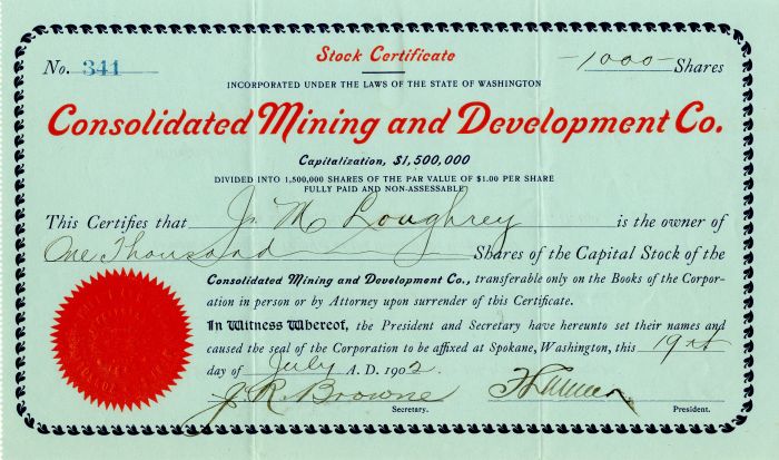 Consolidated Mining and Development Co. - Stock Certificate