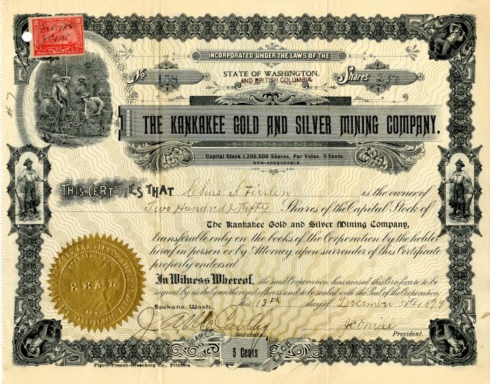 Kankakee Gold and Silver Mining Co. - Stock Certificate