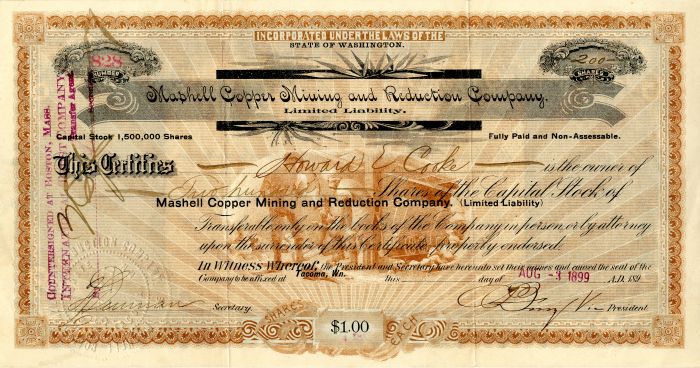 Marshall Copper Mining and Reduction Co. - Stock Certificate