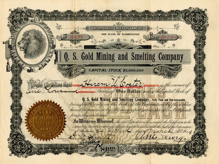 Q. S.  Gold Mining and Smelting Co. - Stock Certificate
