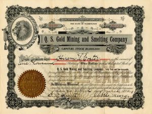 Q. S.  Gold Mining and Smelting Co. - Stock Certificate