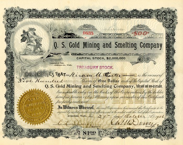 Q. S.  Gold Mining and Smelting Co. - Stock Certificate