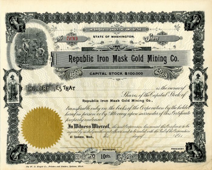 Republic Iron Mask Gold Mining Co. - Stock Certificate