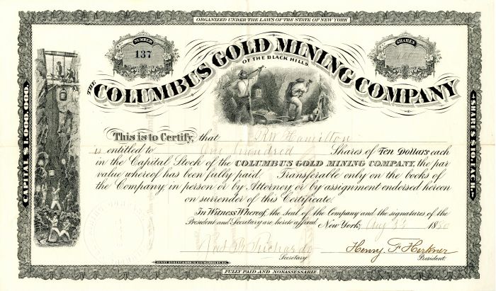 Columbia Gold Mining Co. - Stock Certificate