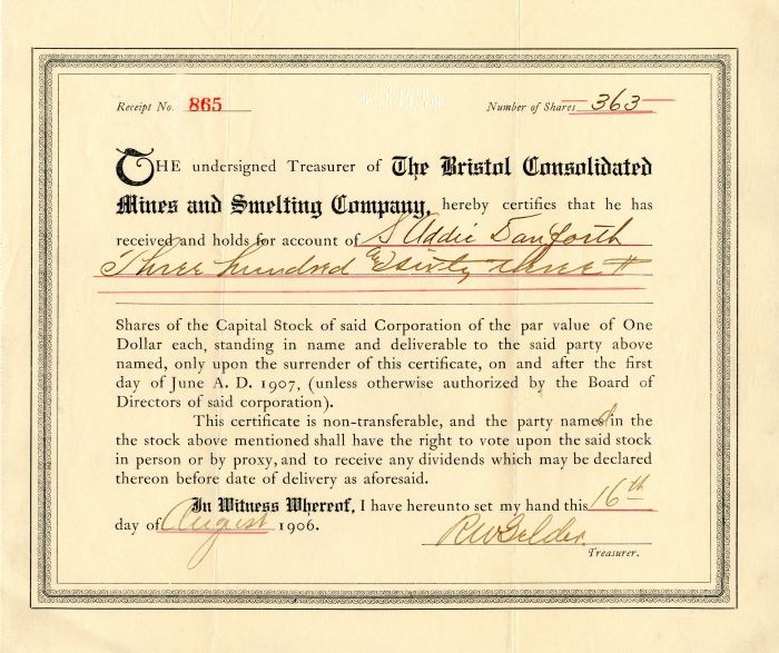 Bristol Consolidated Mines and Smelting Co. - Stock Certificate